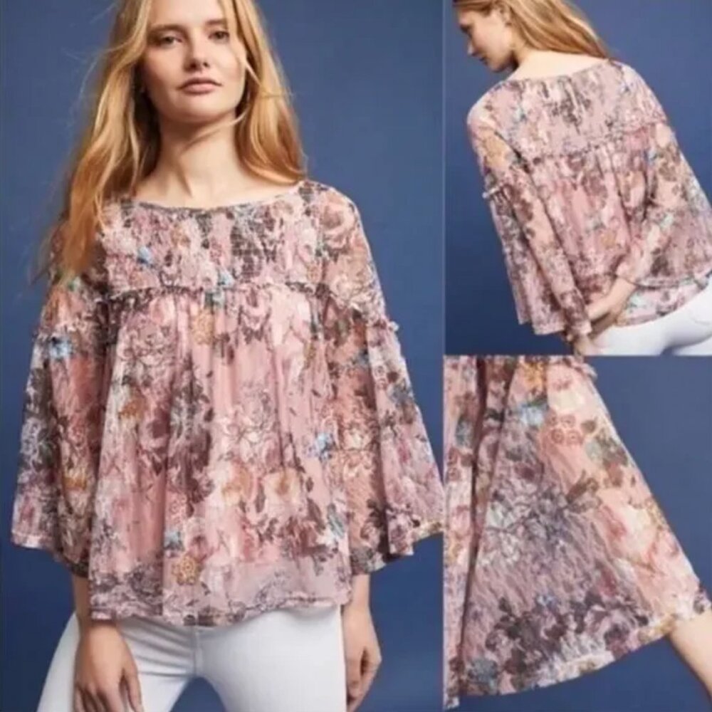 ANTHRO Akemi and Kin Juno Patrizia Boho Floral Bell Sleeve Peasant Top M